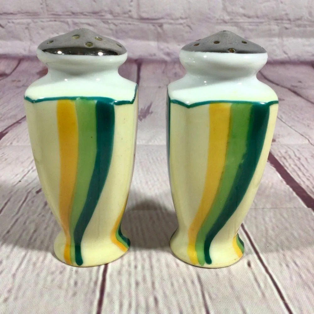 Vintage Hand Painted Stripes Ceramic Salt and Pepper Shaker Pair - Japan